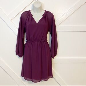 Tobi Long Sleeve Pleated Notch Collar Puff Sleeve Mini Dress Purple Sz Small